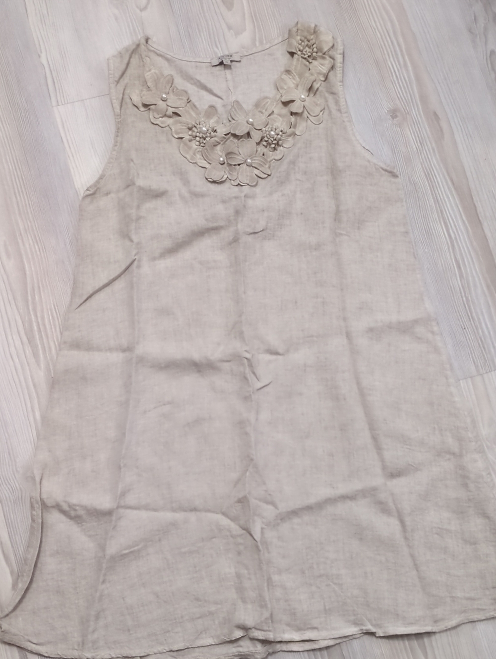 Rosemarie Made in Italy Linen Sleeveless Floral Appliqué Dress XL Beige
